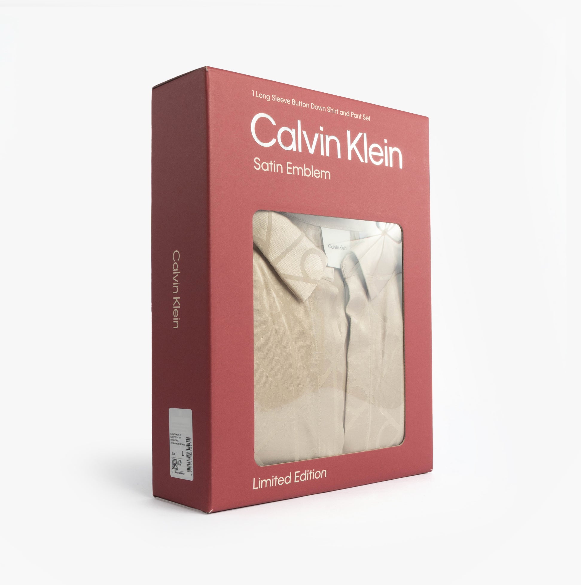 Calvin Klein SATIN AOP SET Womens Satin Shine front view in packaging, showcasing limited edition design and satin material.