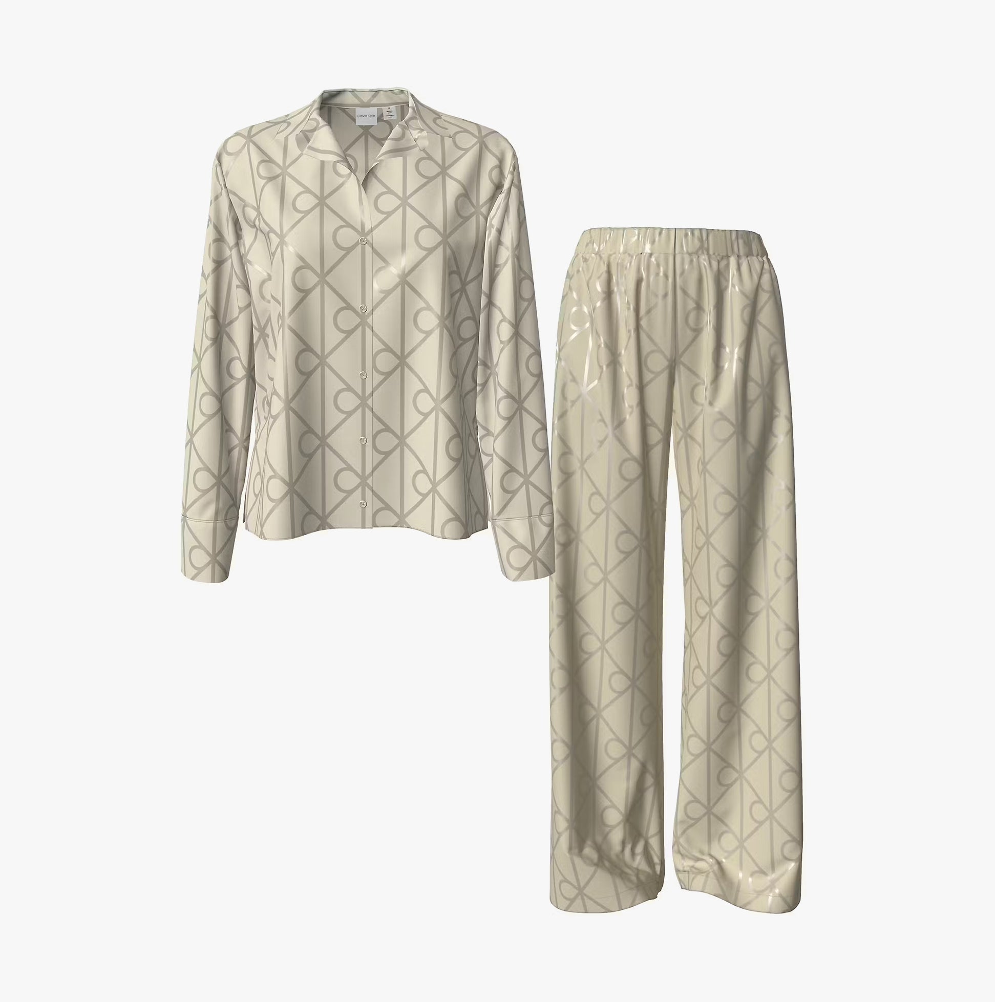 Calvin Klein SATIN AOP SET Womens Satin Shine front view of set, featuring long-sleeve top and matching pants in beige pattern.