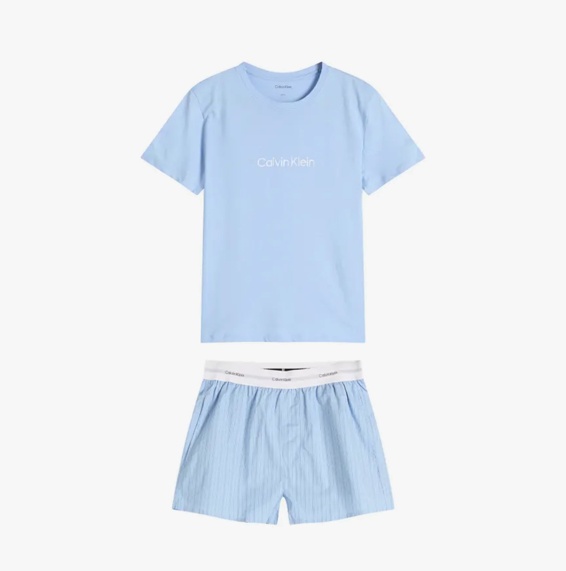 Calvin Klein Womens T-Shirt & Short Pyjama Set Blue front view showing soft cotton material and stylish design.
