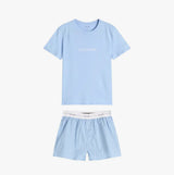 Calvin Klein Womens T-Shirt & Short Pyjama Set Blue front view showing soft cotton material and stylish design.