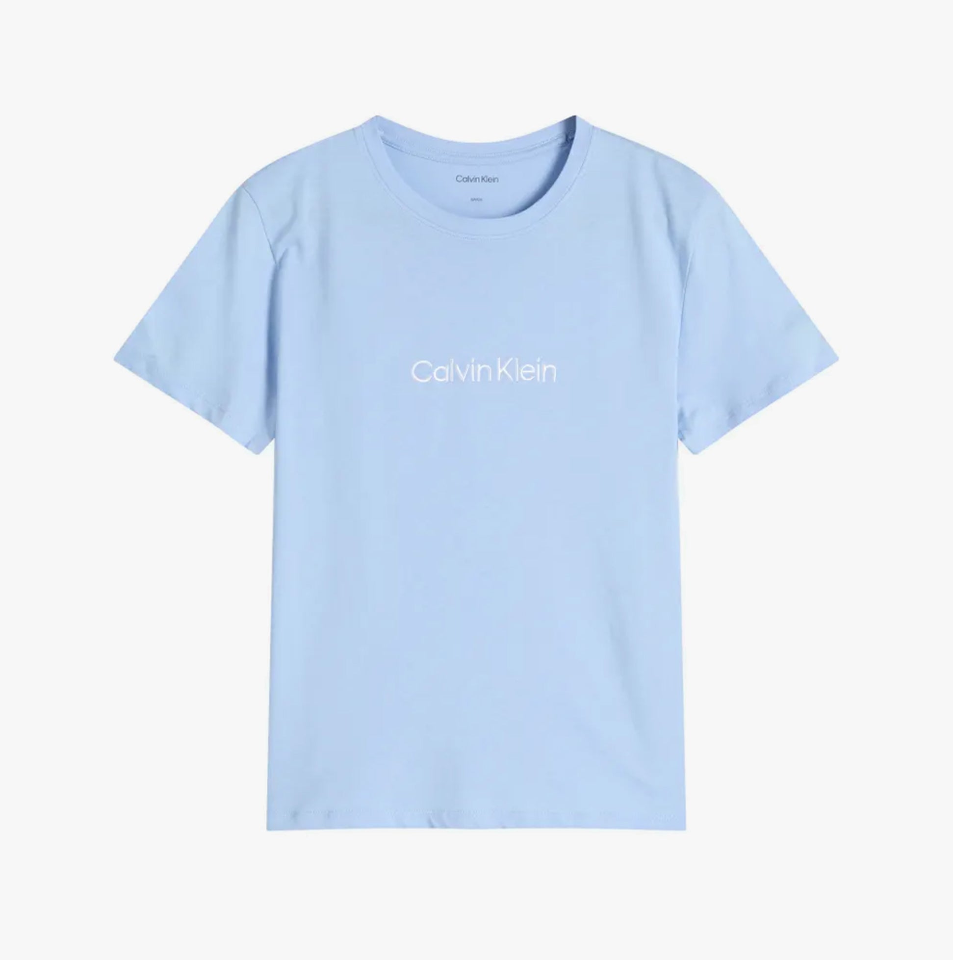 Calvin Klein Womens T-Shirt & Short Pyjama Set Blue front view, light blue short-sleeve shirt with logo.