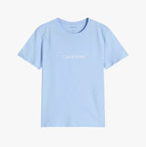 Calvin Klein Womens T-Shirt & Short Pyjama Set Blue front view, light blue short-sleeve shirt with logo.