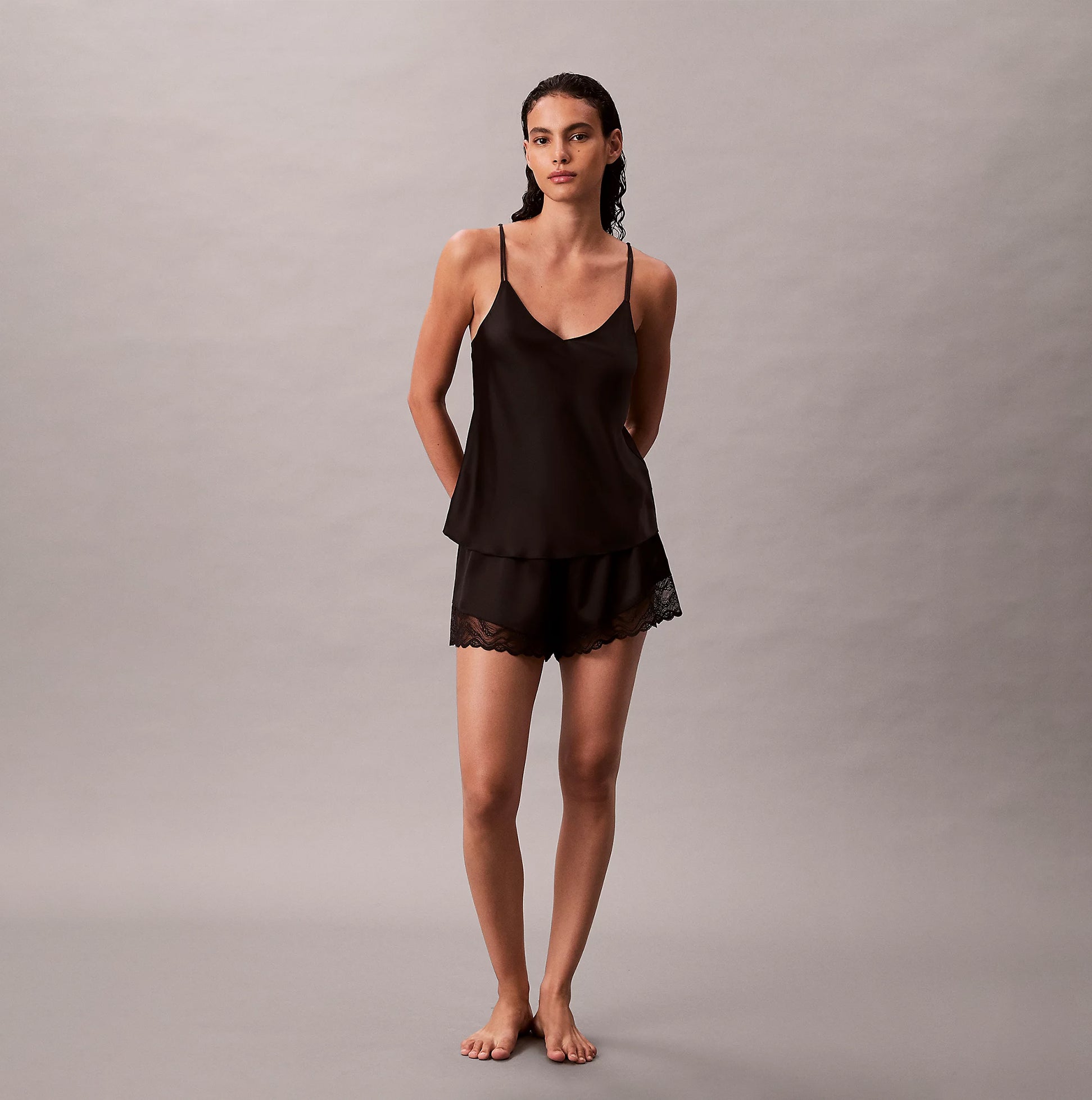 Calvin Klein CAMI SHORT SET Womens Black front view featuring a sleeveless cami and shorts in black.