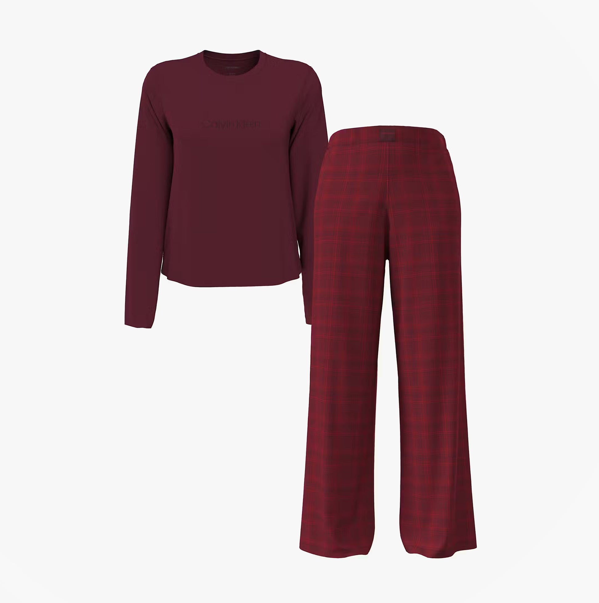 Calvin Klein LS TEE FLANNEL PANT Womens Pant Set Red front view showcasing long sleeve tee and plaid pants.