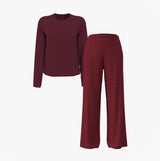 Calvin Klein LS TEE FLANNEL PANT Womens Pant Set Red front view showcasing long sleeve tee and plaid pants.