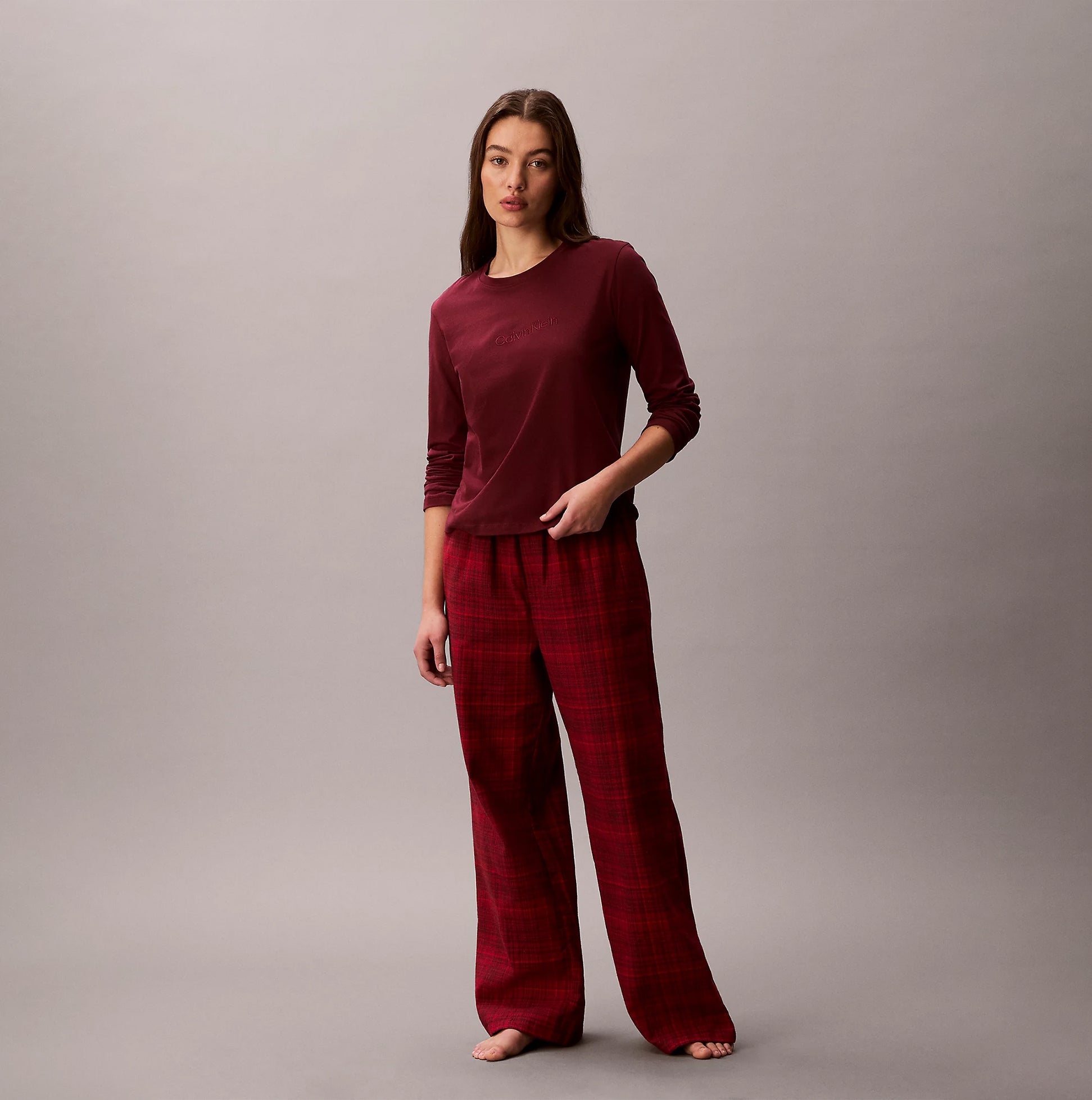 Calvin Klein LS TEE FLANNEL PANT Womens Pant Set Red front view, featuring long sleeve top and red plaid pants.