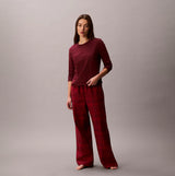 Calvin Klein LS TEE FLANNEL PANT Womens Pant Set Red front view, featuring long sleeve top and red plaid pants.