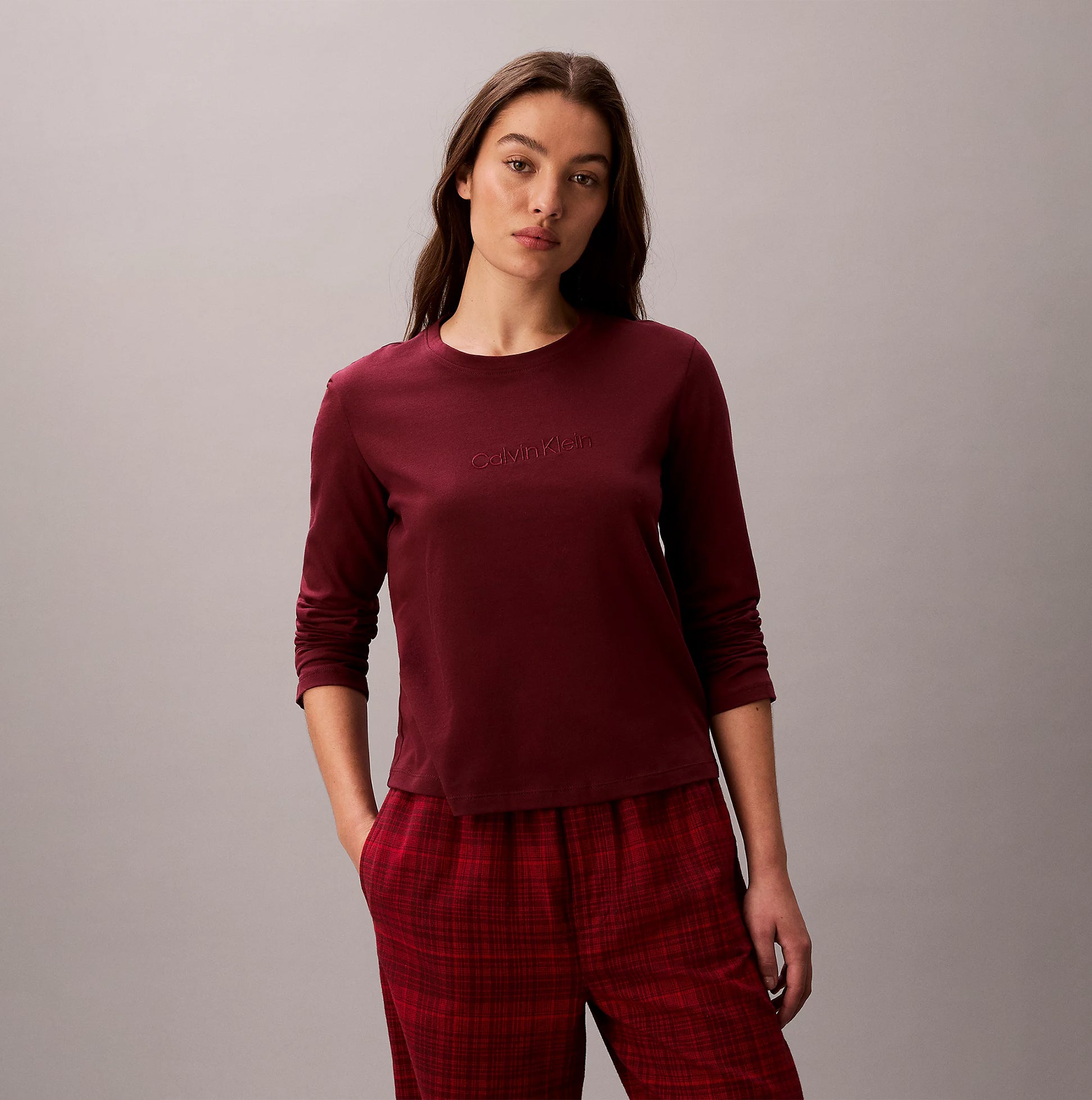 Calvin Klein LS TEE FLANNEL PANT Womens Pant Set Red front view showing model wearing red top and red plaid pants.