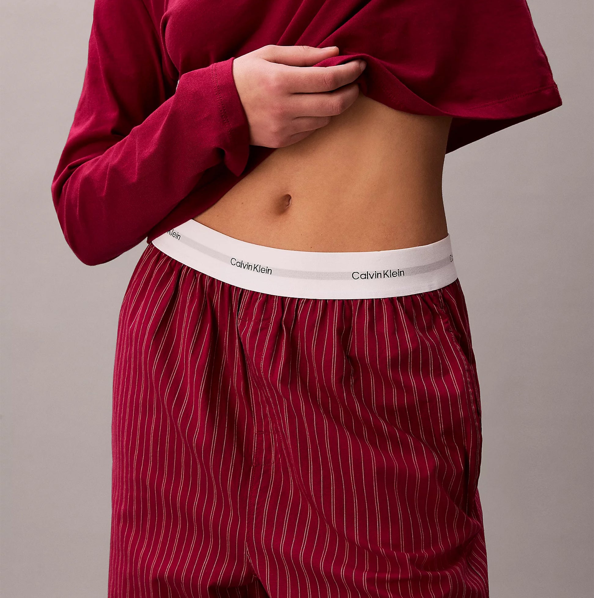 Calvin Klein LS TEE FLANNEL PANT Womens Pant Set Red detail view of waistband and top