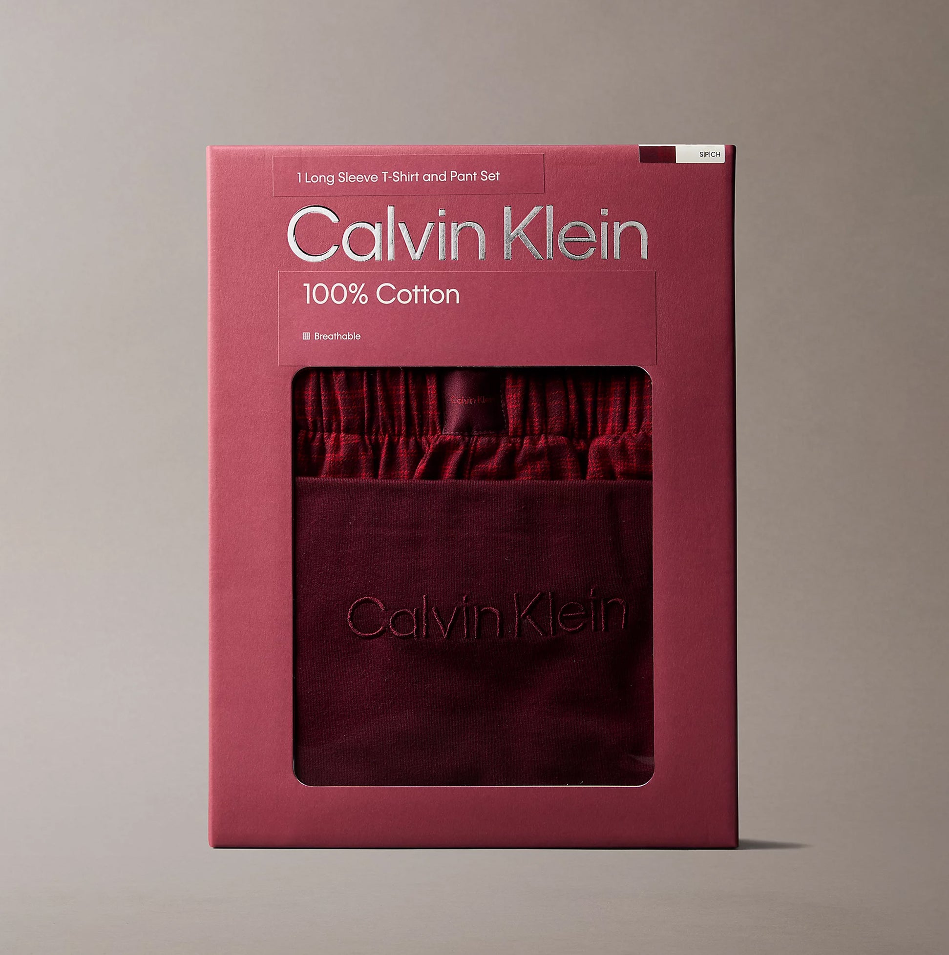 Calvin Klein LS TEE FLANNEL PANT Womens Pant Set Red, packaging front view, 100% cotton, stylish design.