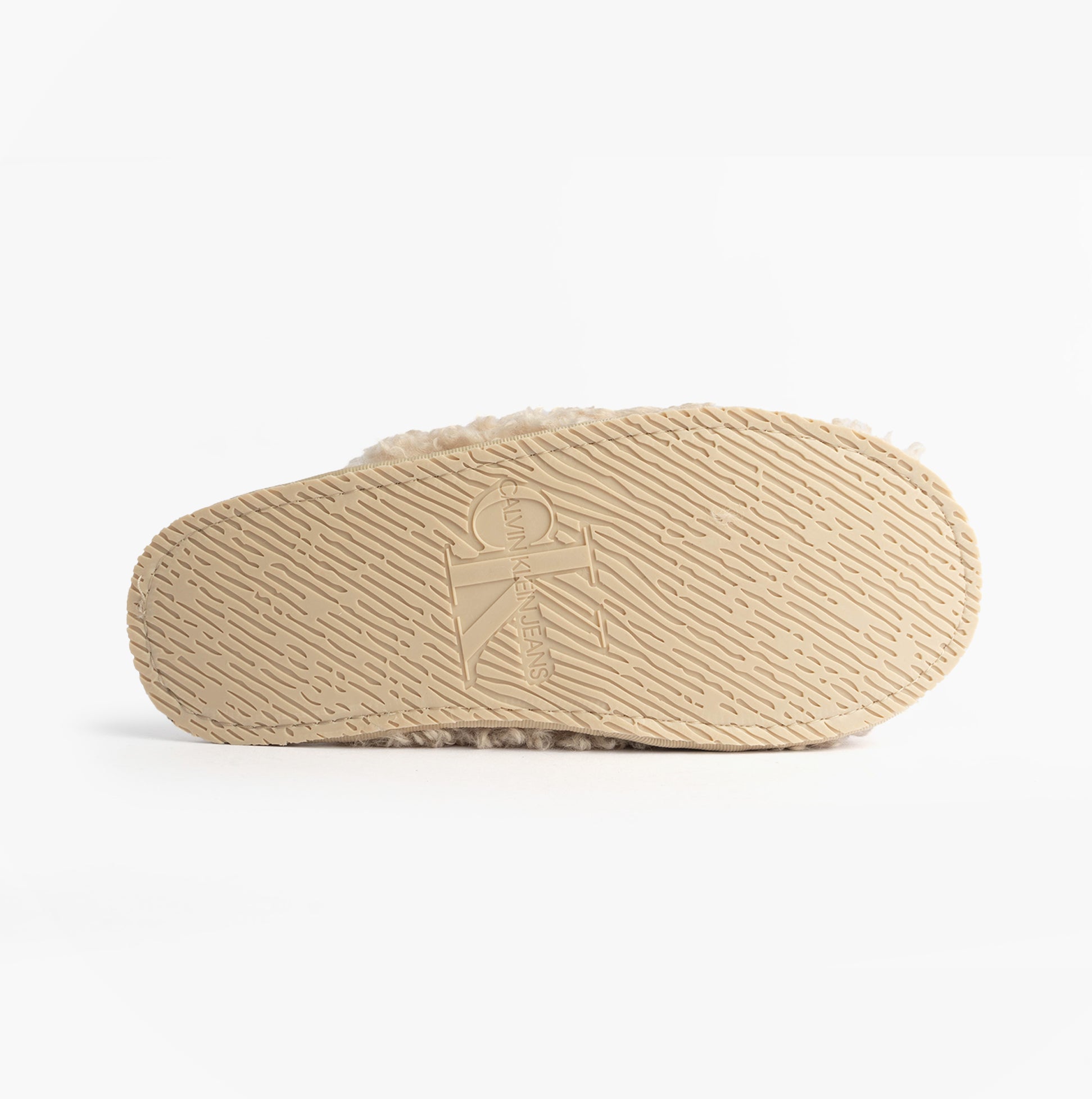 Calvin Klein CLOSE SLIPPER FUR Womens Slippers Marshmallow bottom view showing TPR sole detail.