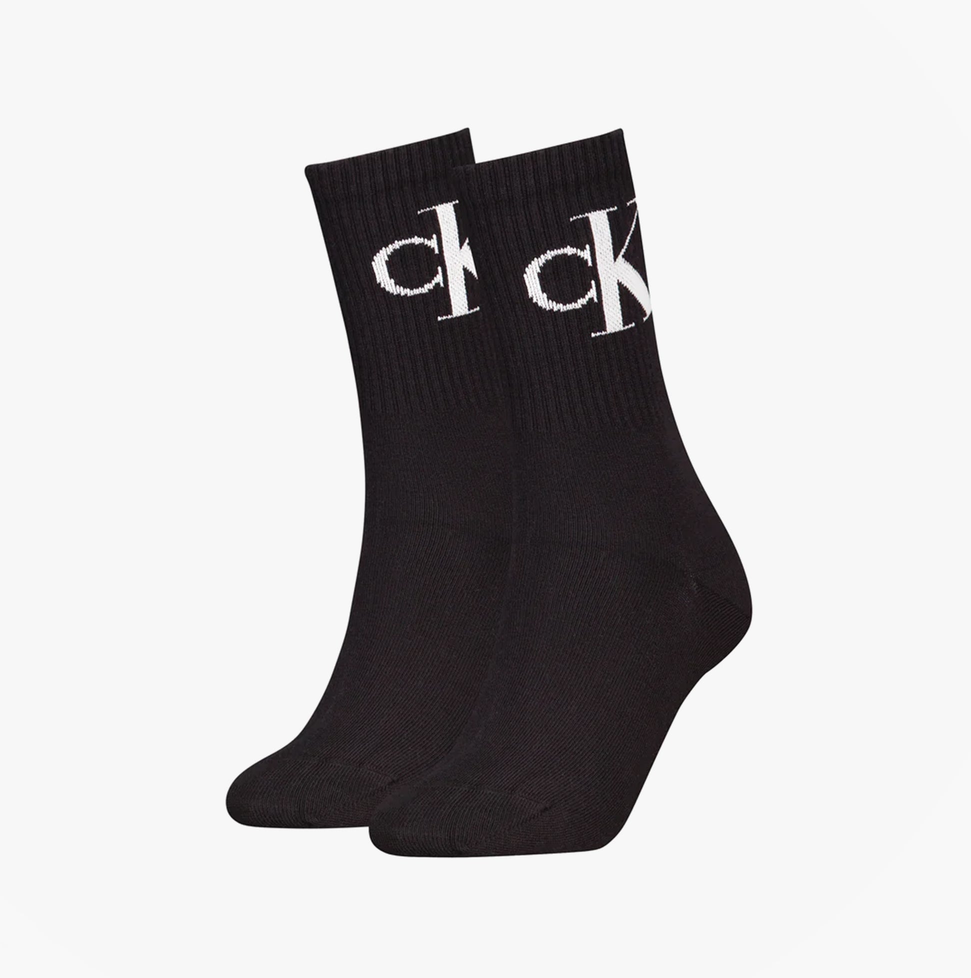 Calvin Klein 2 Pack Logo Trainer Womens Crew Socks Black front view featuring logo design.