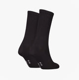 Calvin Klein 2 Pack Logo Trainer Womens Crew Socks Black, side view showcasing ribbed design and smooth texture.