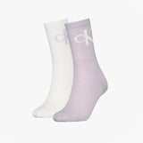 Calvin Klein 2 Pack Logo Trainer Womens Crew Socks Lilac front view showing lilac and white socks with logo.
