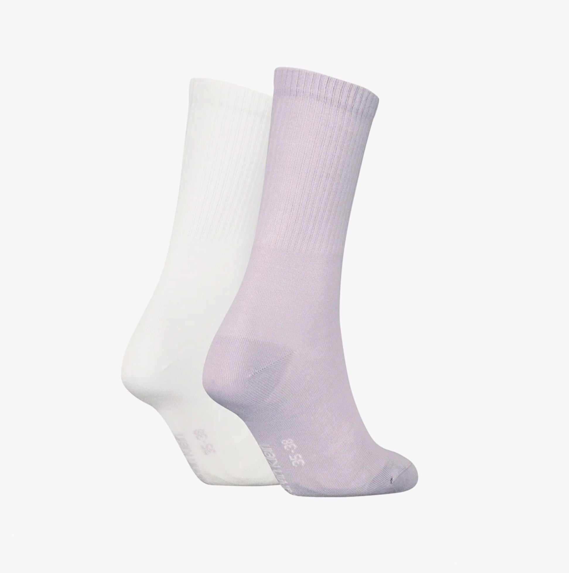 Calvin Klein 2 Pack Logo Trainer Womens Crew Socks Lilac side view showing lilac and white socks together.