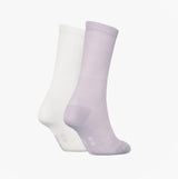 Calvin Klein 2 Pack Logo Trainer Womens Crew Socks Lilac side view showing lilac and white socks together.