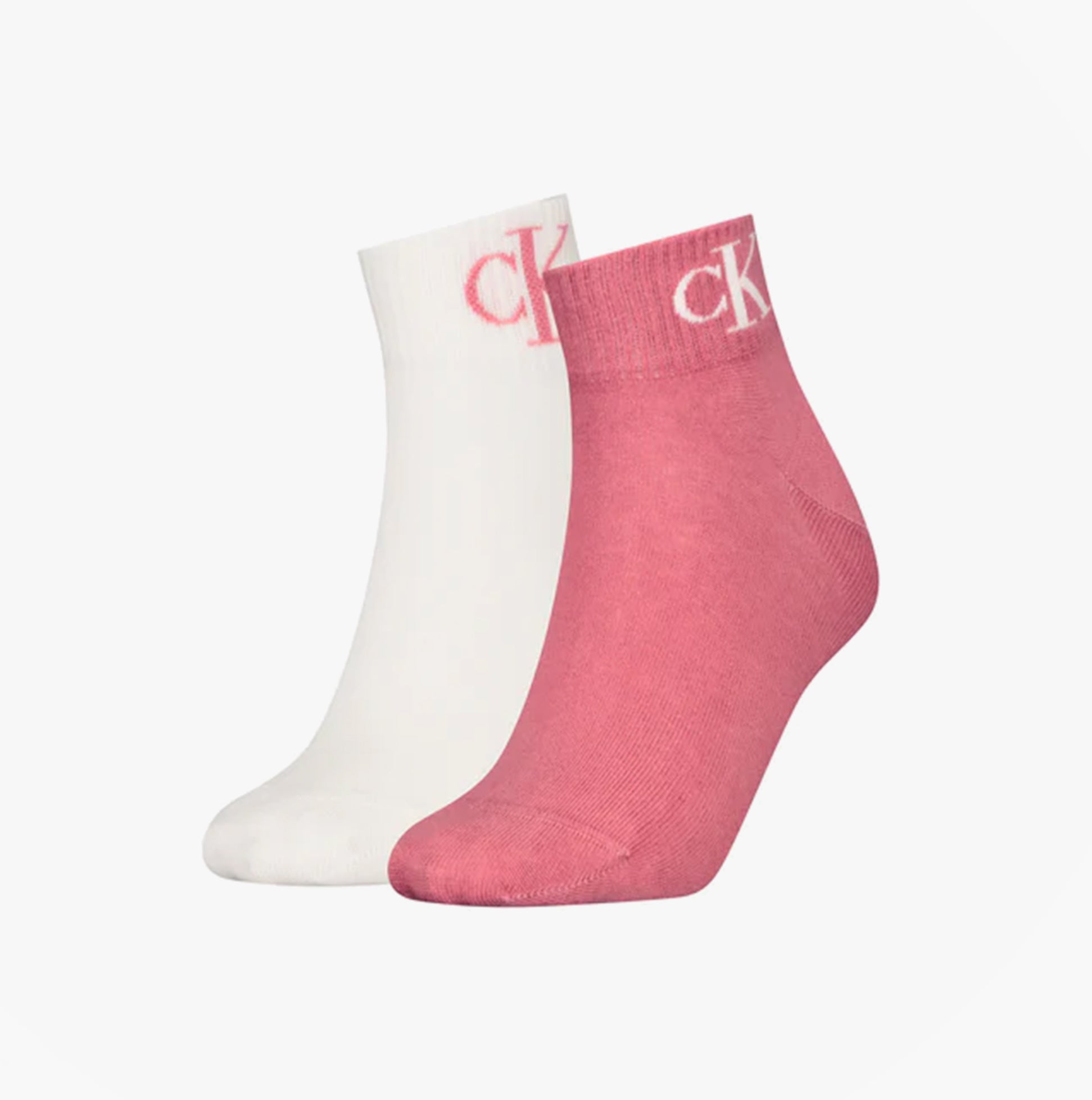 Calvin Klein 2 Pack Logo Trainer Womens Ankle Socks Pink side view showcasing pink and white socks with logo.