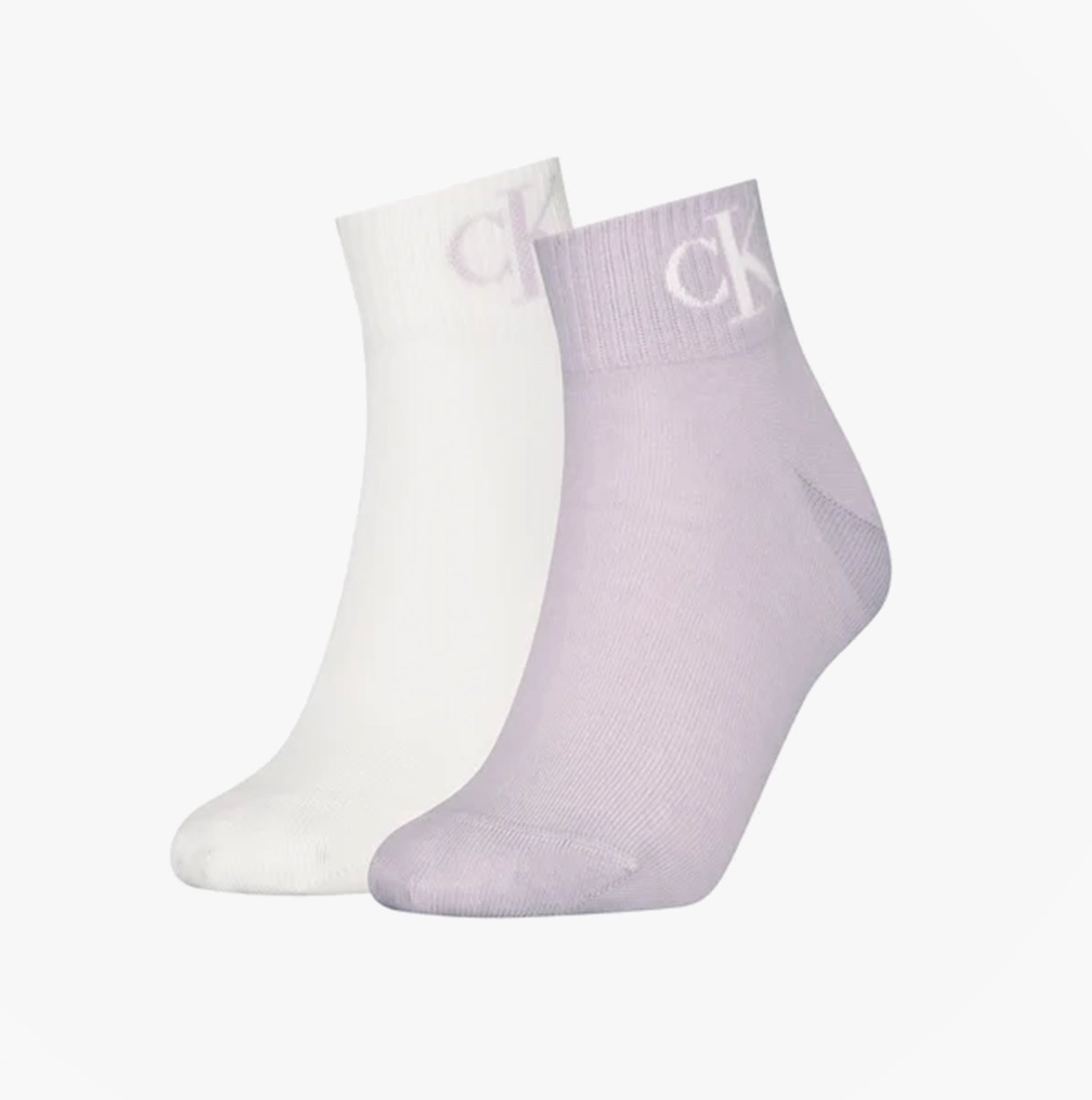 Calvin Klein 2 Pack Logo Trainer Womens Ankle Socks Lilac, front view showing lilac and white socks with CK logo.