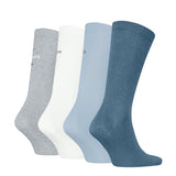 Calvin Klein 4 Pack Giftboxed Trainer Mens Crew Socks Blue Combo side view displaying four colors: grey, white, light blue, and dark blue.