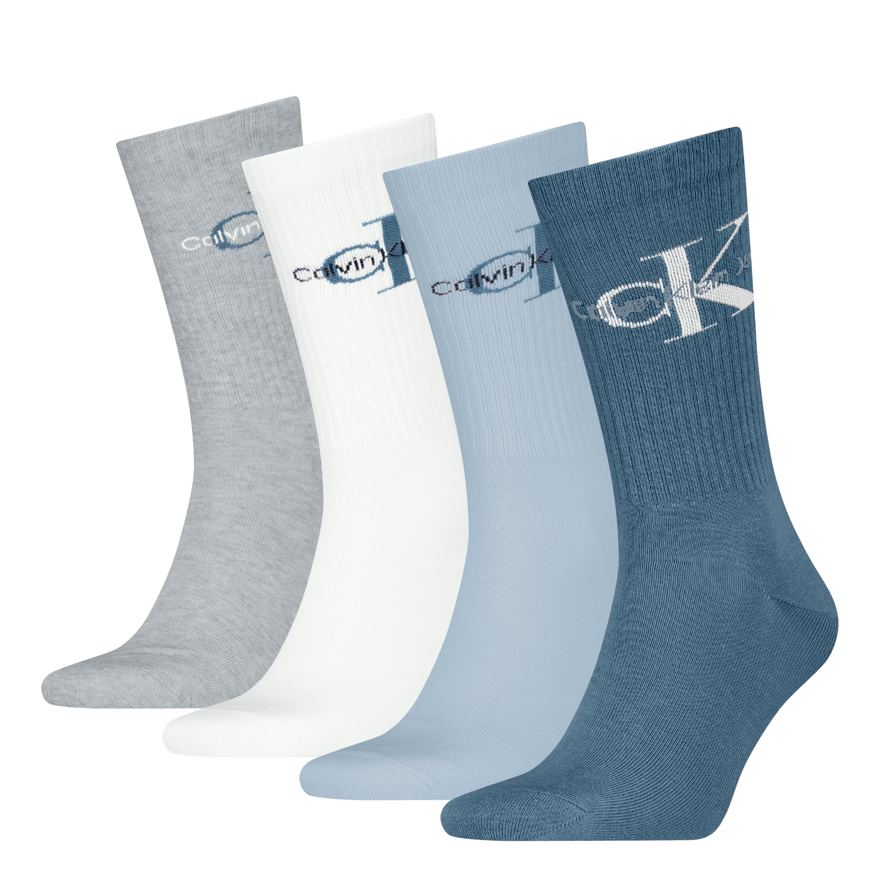 Calvin Klein 4 Pack Giftboxed Trainer Mens Crew Socks Blue Combo front view showing four different colored socks.