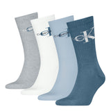 Calvin Klein 4 Pack Giftboxed Trainer Mens Crew Socks Blue Combo front view showing four different colored socks.