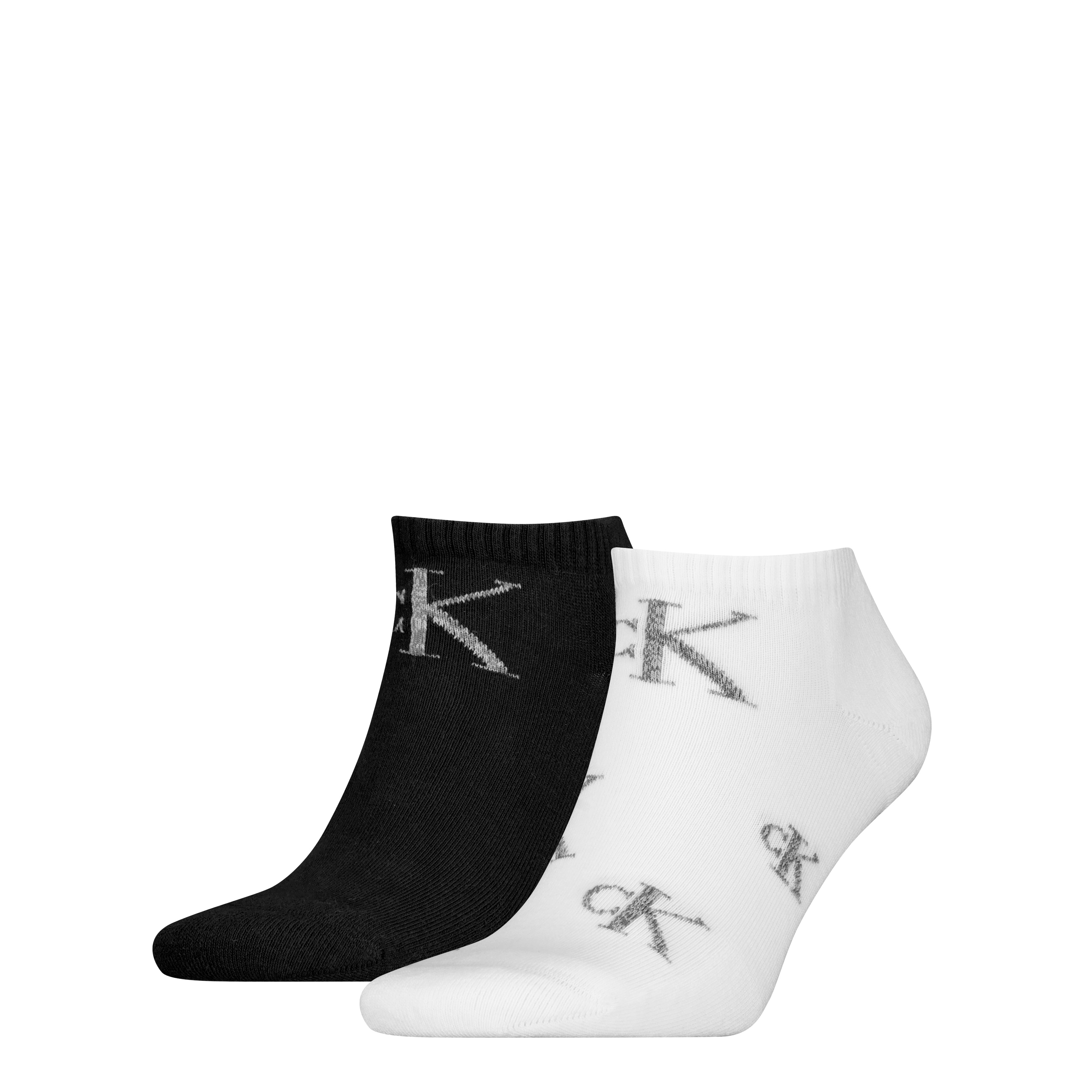 Calvin Klein 2 Pack Logo Trainer Mens Ankle Socks White/Black side view showcasing logo and color contrast.