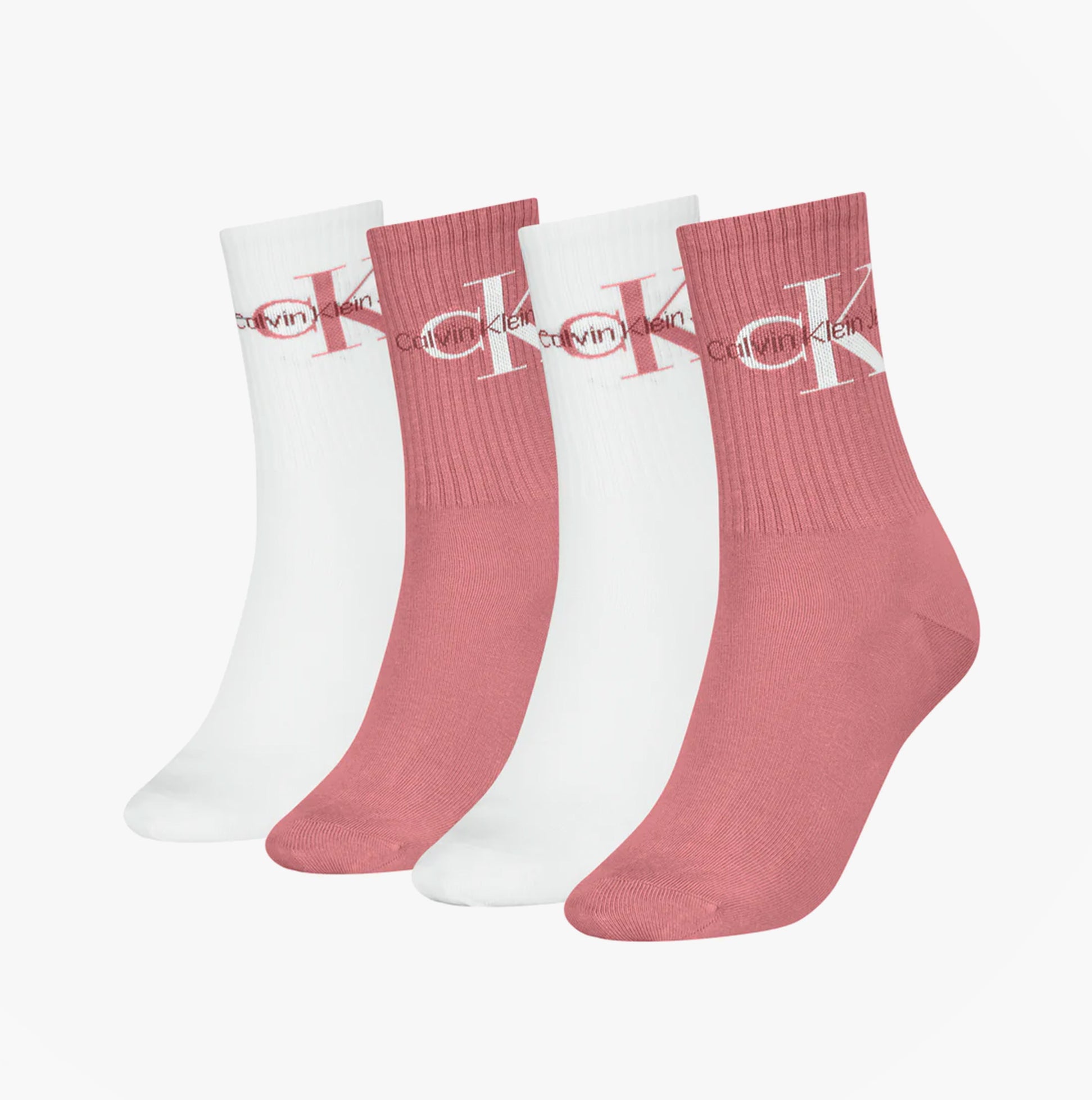 Calvin Klein 4 Pack Giftboxed Trainer Womens Crew Socks Pink Combo side view featuring two pink and two white socks.