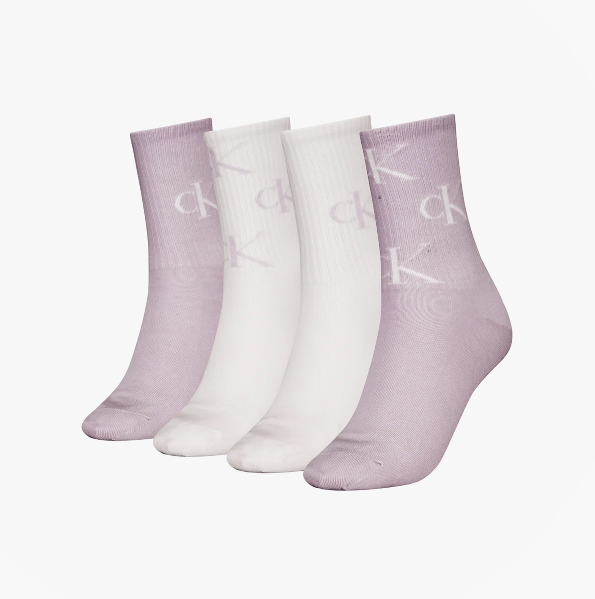 Calvin Klein 4 Pack Giftboxed Trainer Womens Crew Socks Lilac Combo front view showing lilac and white socks.