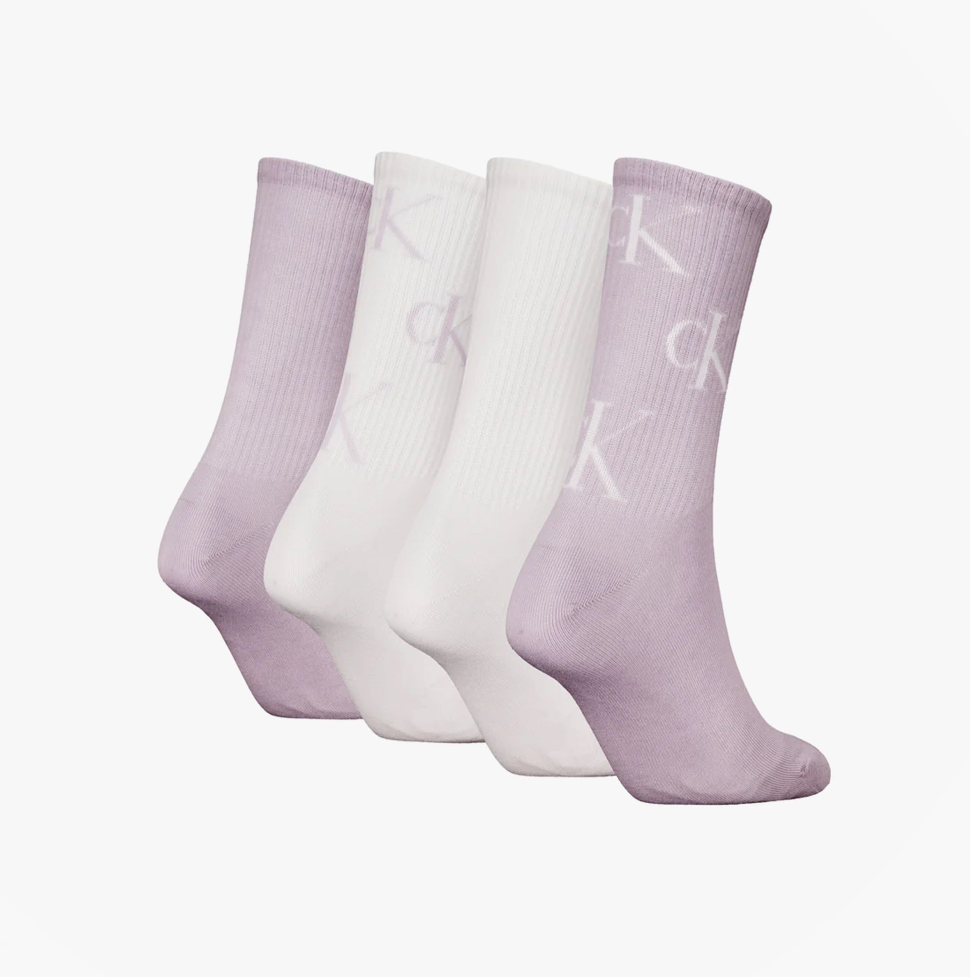 Calvin Klein 4 Pack Giftboxed Trainer Womens Crew Socks Lilac Combo in side view, showcasing lilac and white socks.