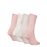 Calvin Klein 4 Pack Giftboxed Trainer Womens Crew Socks Peach Combo side view showcasing peach, white, and pink colors.