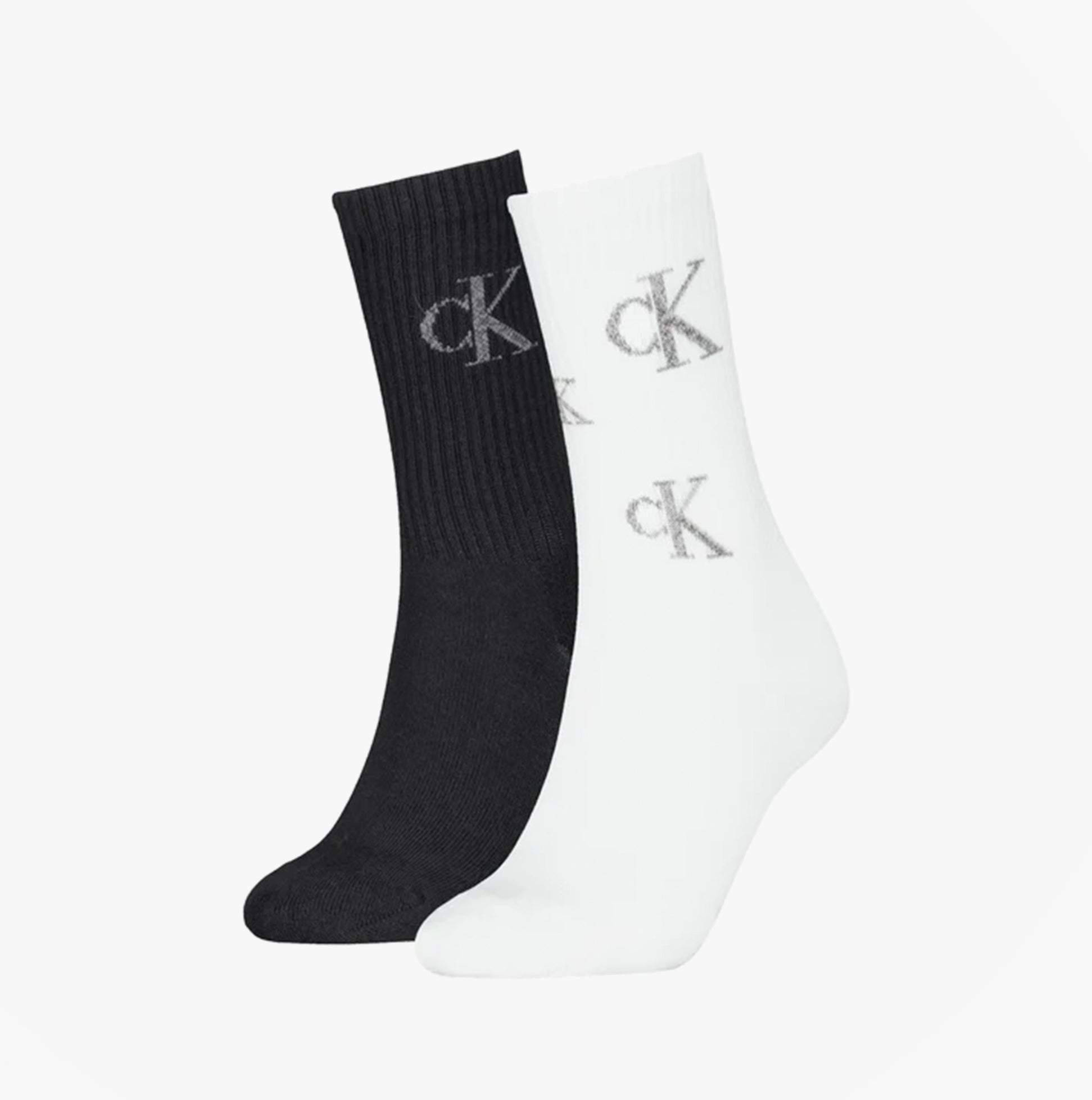 Calvin Klein 2 Pack Logo Trainer Womens Crew Socks Black/White side view showcasing black and white socks with logo.