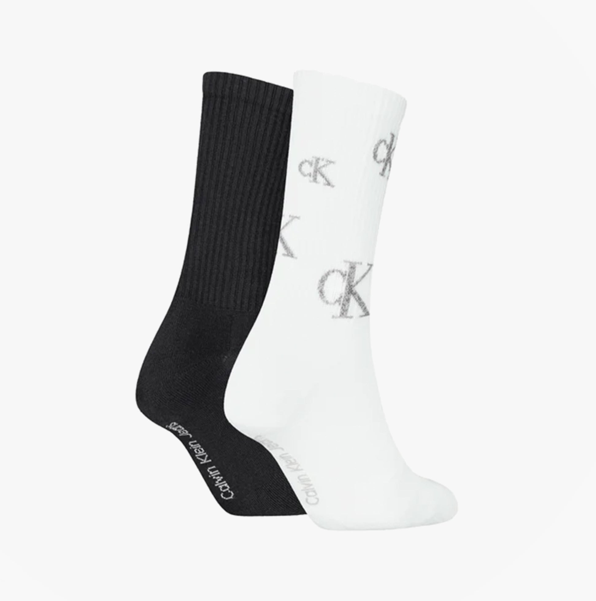Calvin Klein 2 Pack Logo Trainer Womens Crew Socks Black/White front view showcasing black and white socks with logo design.