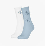 Calvin Klein 2 Pack Logo Trainer Womens Crew Socks Blue/White side view showcasing blue and white socks with CK logo.