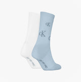 Calvin Klein 2 Pack Logo Trainer Womens Crew Socks Blue/White side view showcasing blue and white socks with logo.