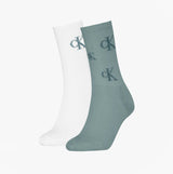 Calvin Klein 2 Pack Logo Trainer Womens Crew Socks Green/White front view showcasing one green and one white sock with logo.
