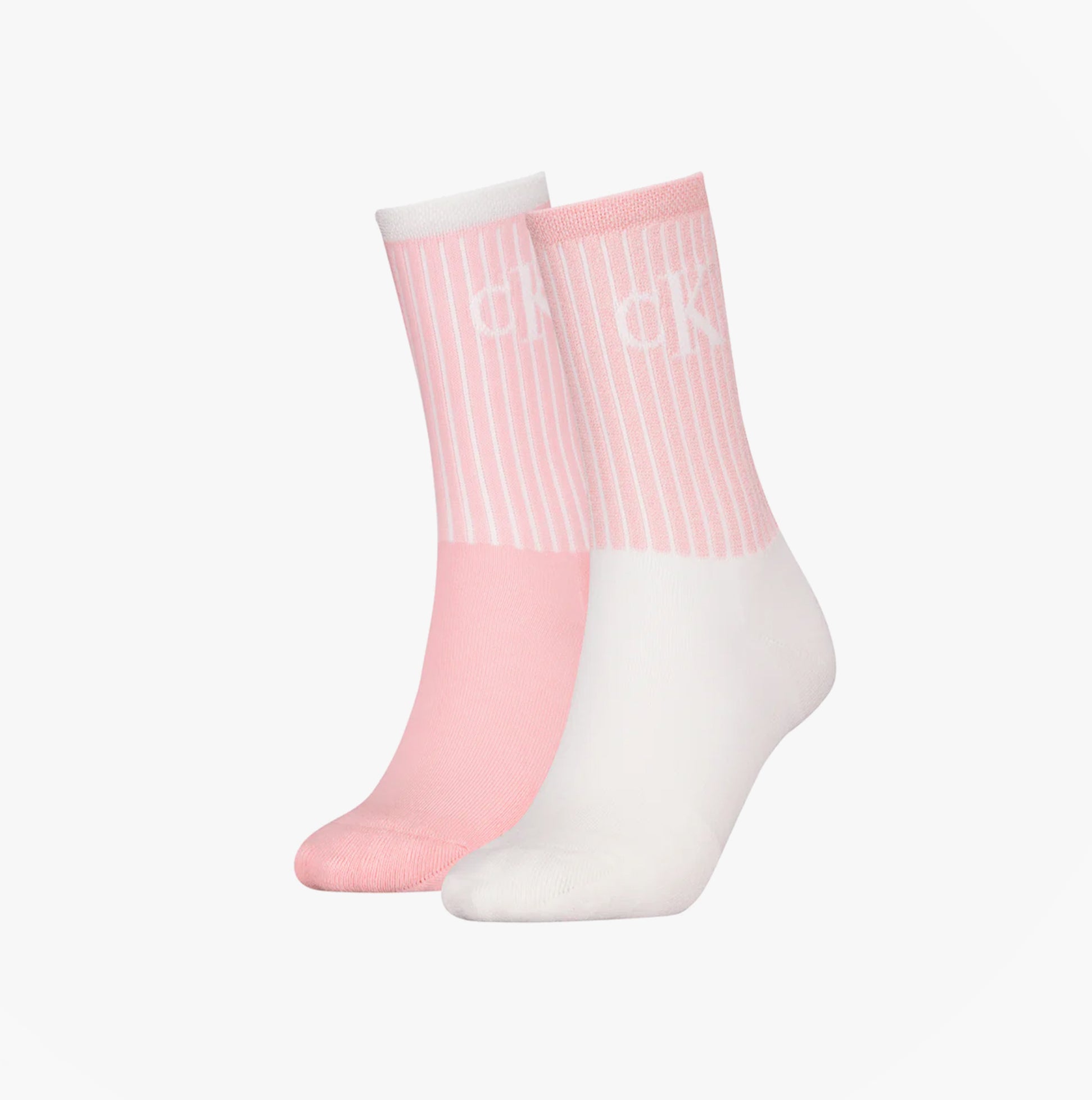 Calvin Klein 2 Pack Trainer Womens Crew Socks Pink side view showcasing solid pink and striped pink designs.