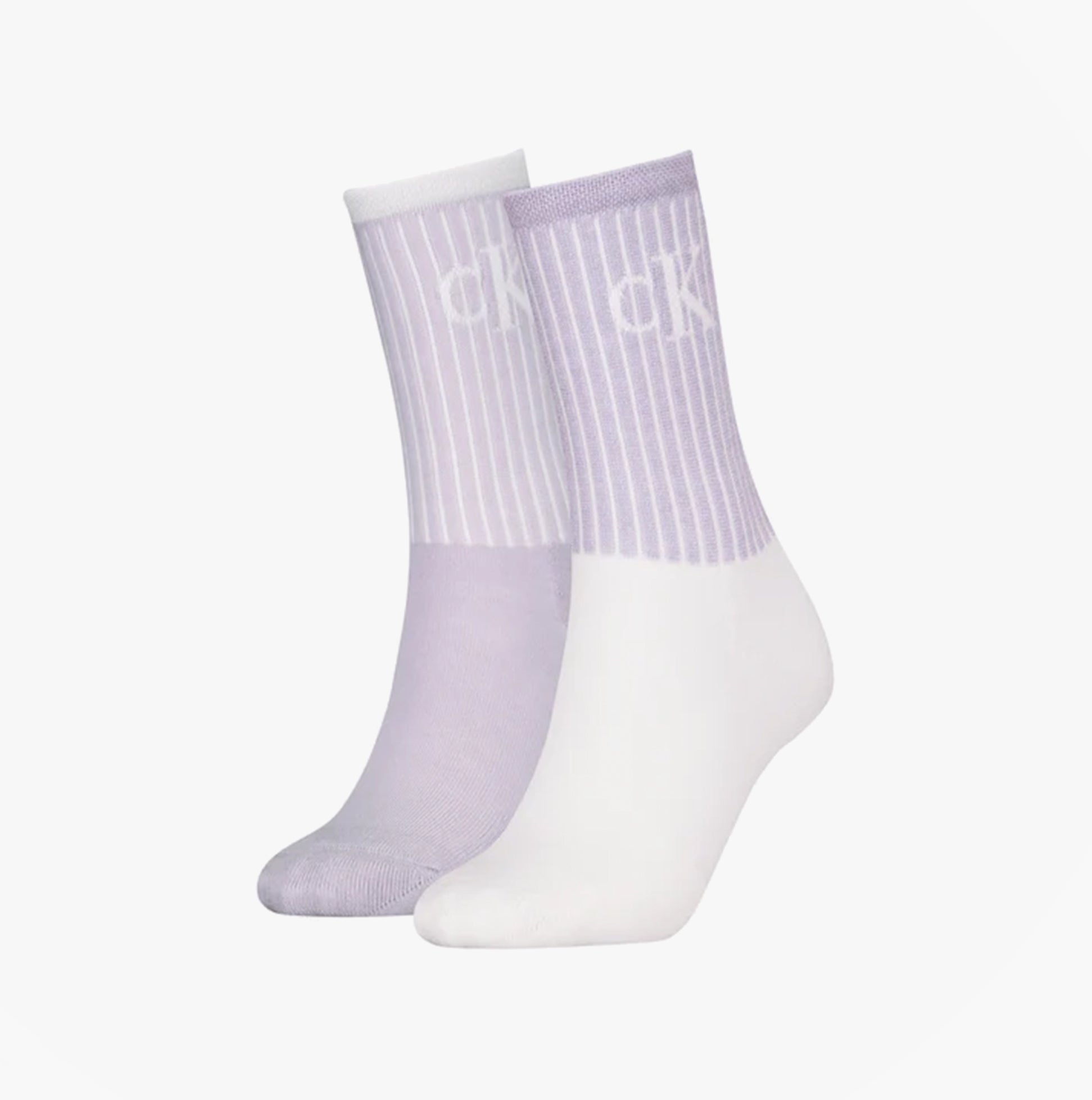 Calvin Klein 2 Pack Trainer Womens Crew Socks Lilac front view showcasing purple and white designs.
