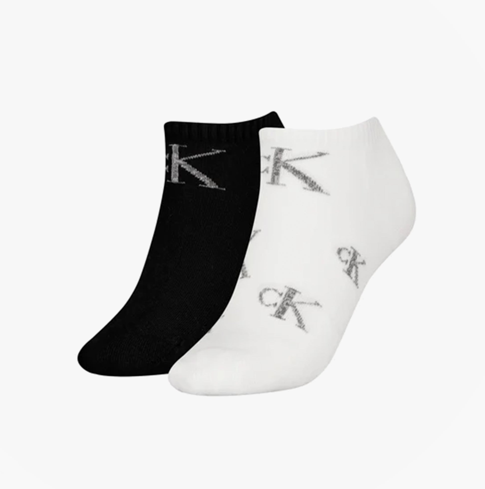 Calvin Klein 2 Pack Trainer Womens Ankle Socks White/Black side view showing black and white socks with CK logo.