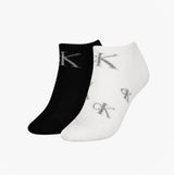 Calvin Klein 2 Pack Trainer Womens Ankle Socks White/Black side view showing black and white socks with CK logo.