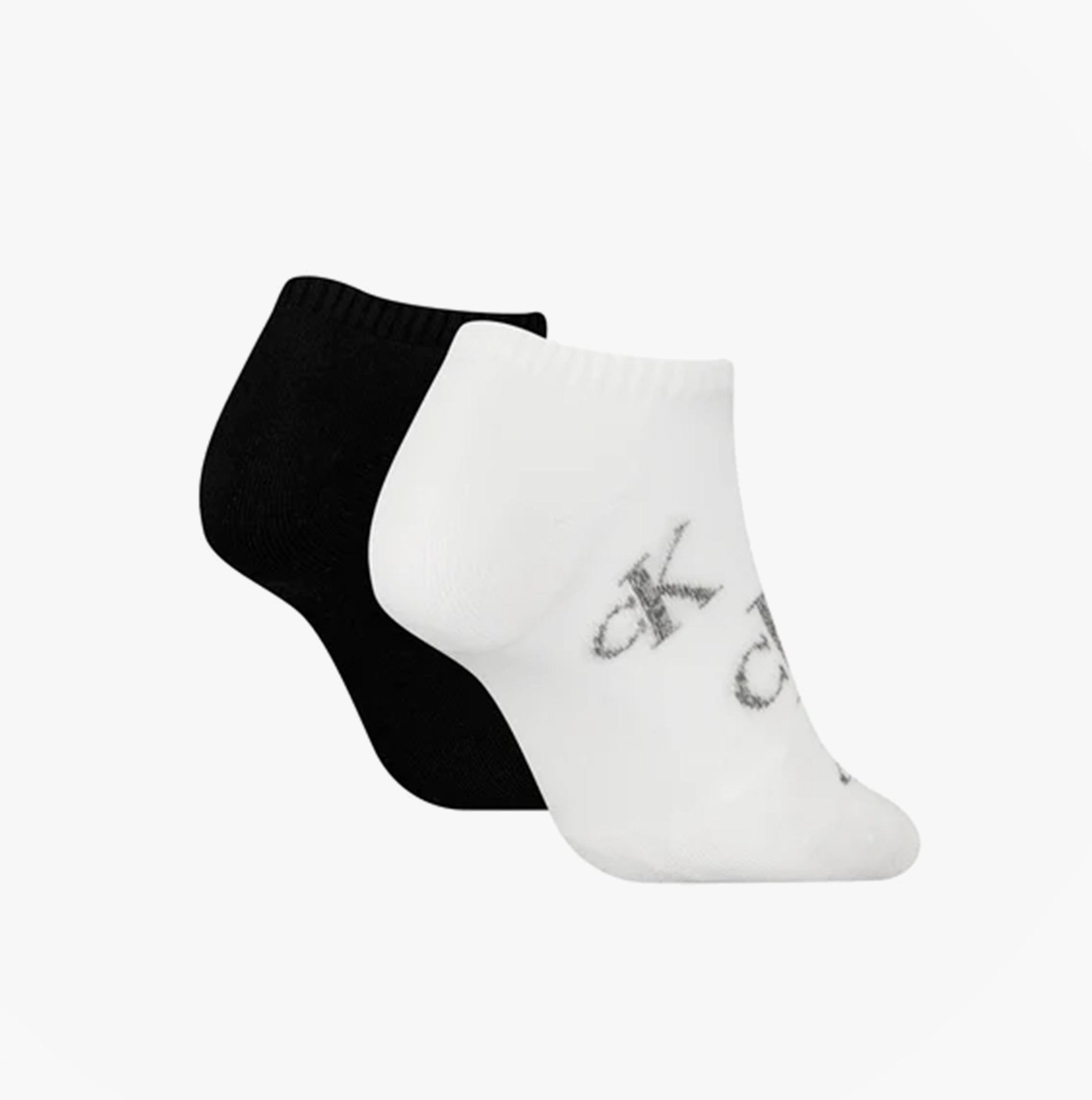 Calvin Klein 2 Pack Trainer Womens Ankle Socks White/Black side view showing both black and white socks with logo.