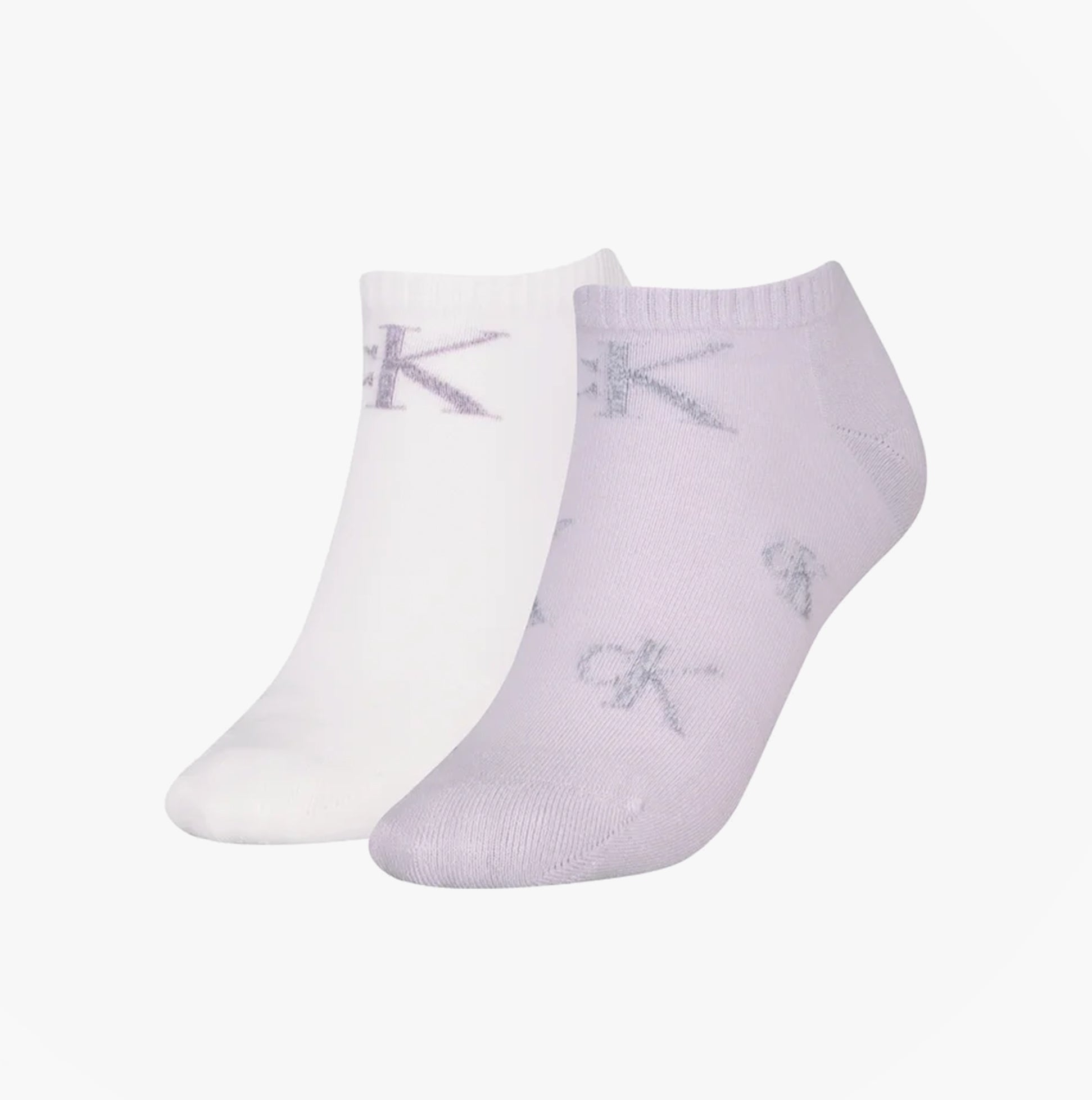 Calvin Klein 2 Pack Trainer Womens Ankle Socks Lilac/White side view showing one lilac and one white sock with logo.
