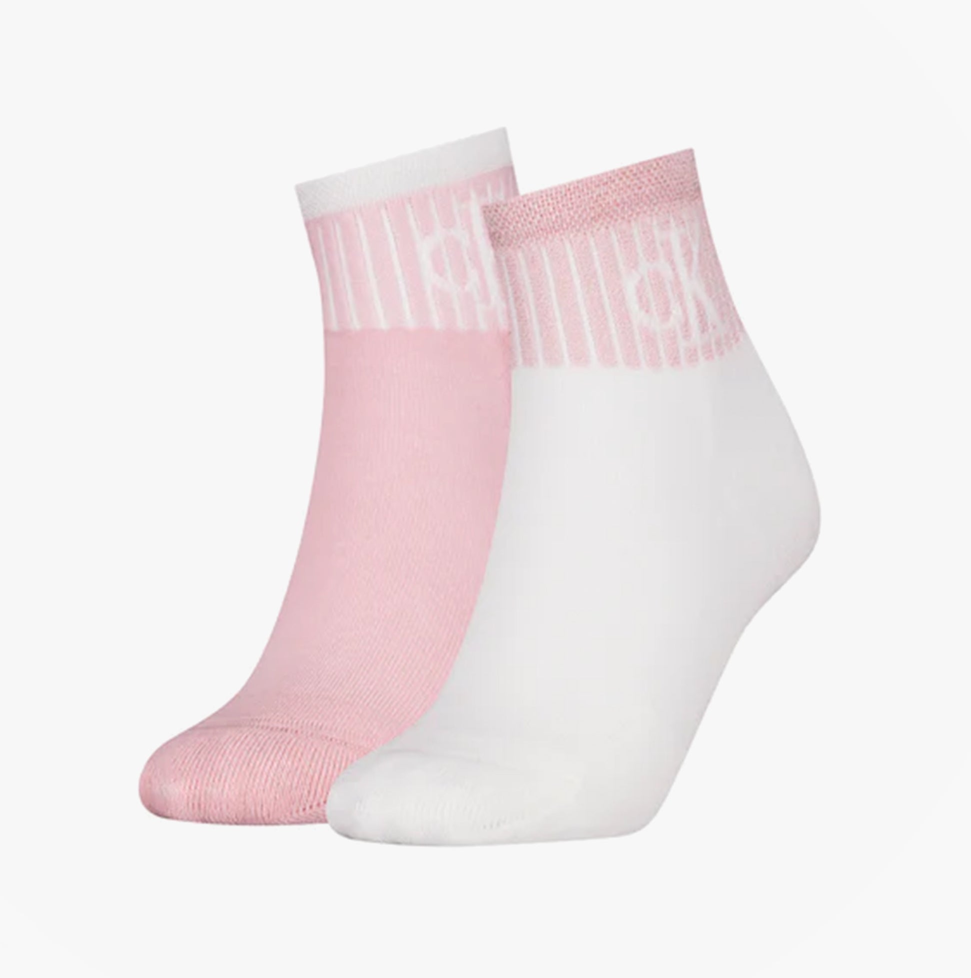Calvin Klein 2 Pack Trainer Womens Ankle Socks Pink/White side view featuring pink and white designs.