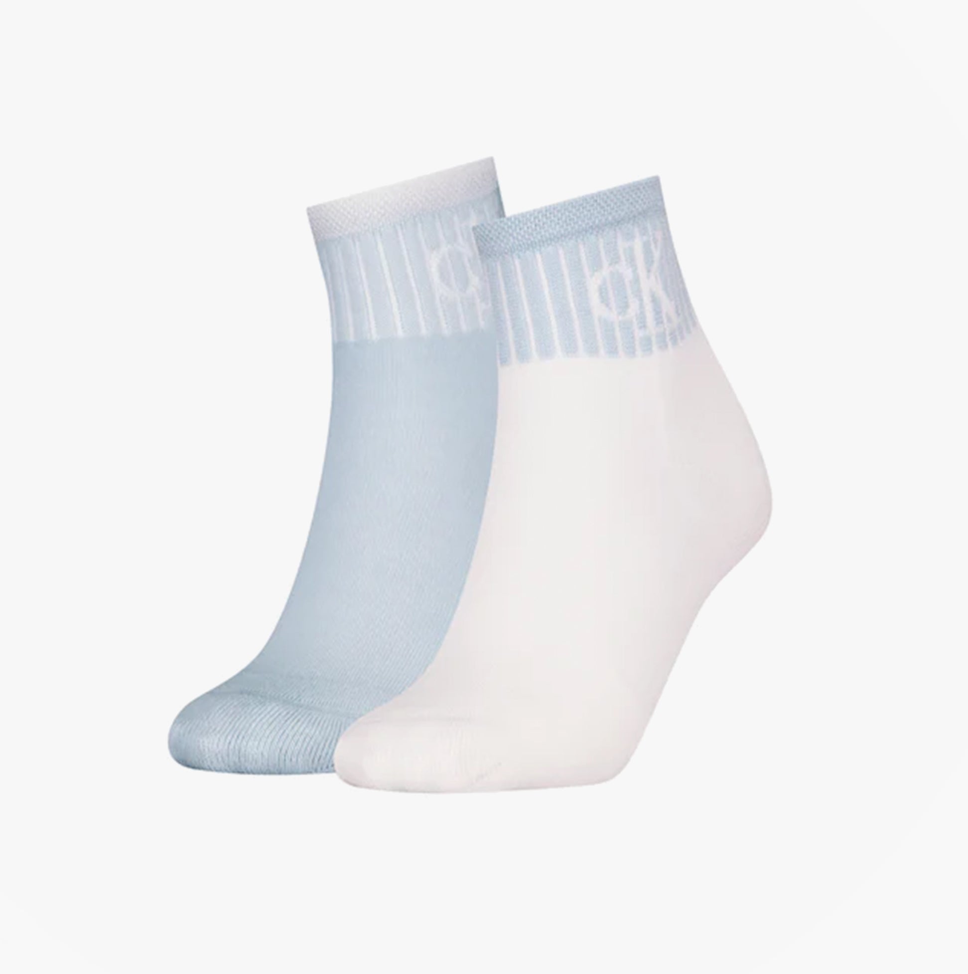 Calvin Klein 2 Pack Trainer Womens Ankle Socks Blue/White side view showcasing two stylish socks in blue and white.