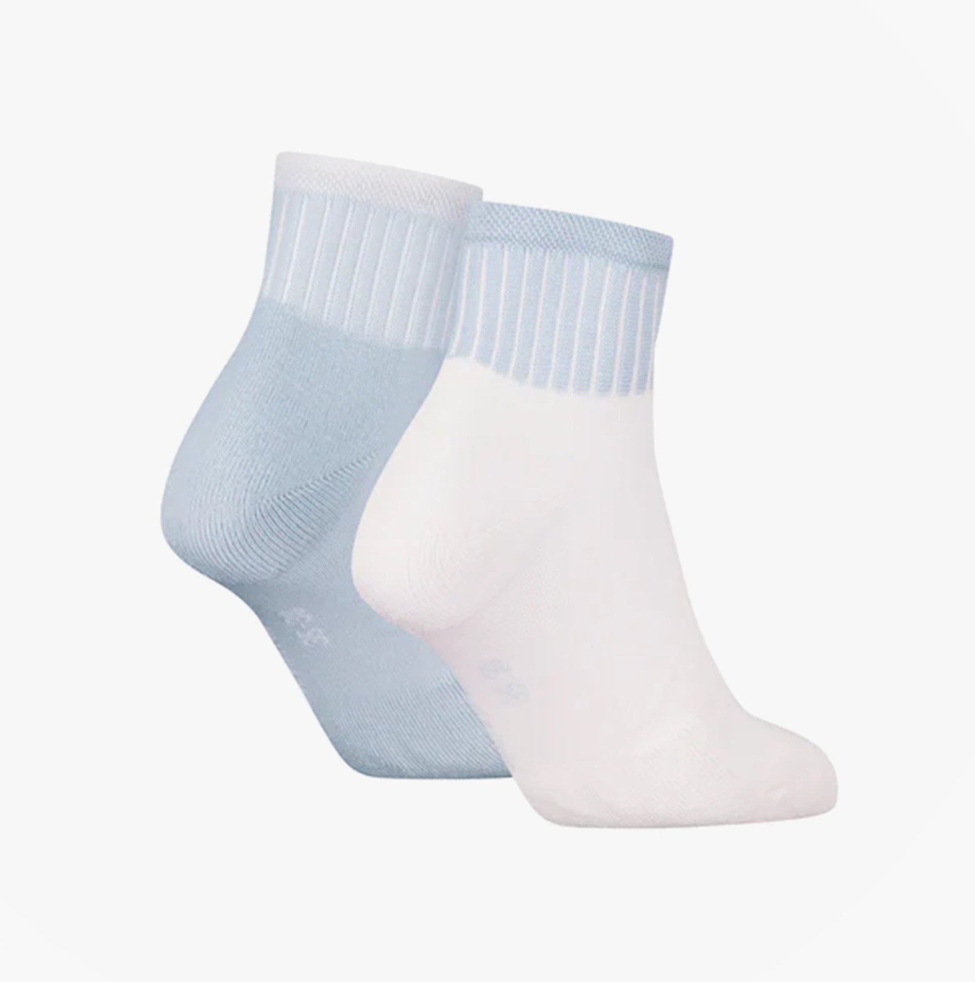 Calvin Klein 2 Pack Trainer Womens Ankle Socks Blue/White side view showing one blue and one white sock.