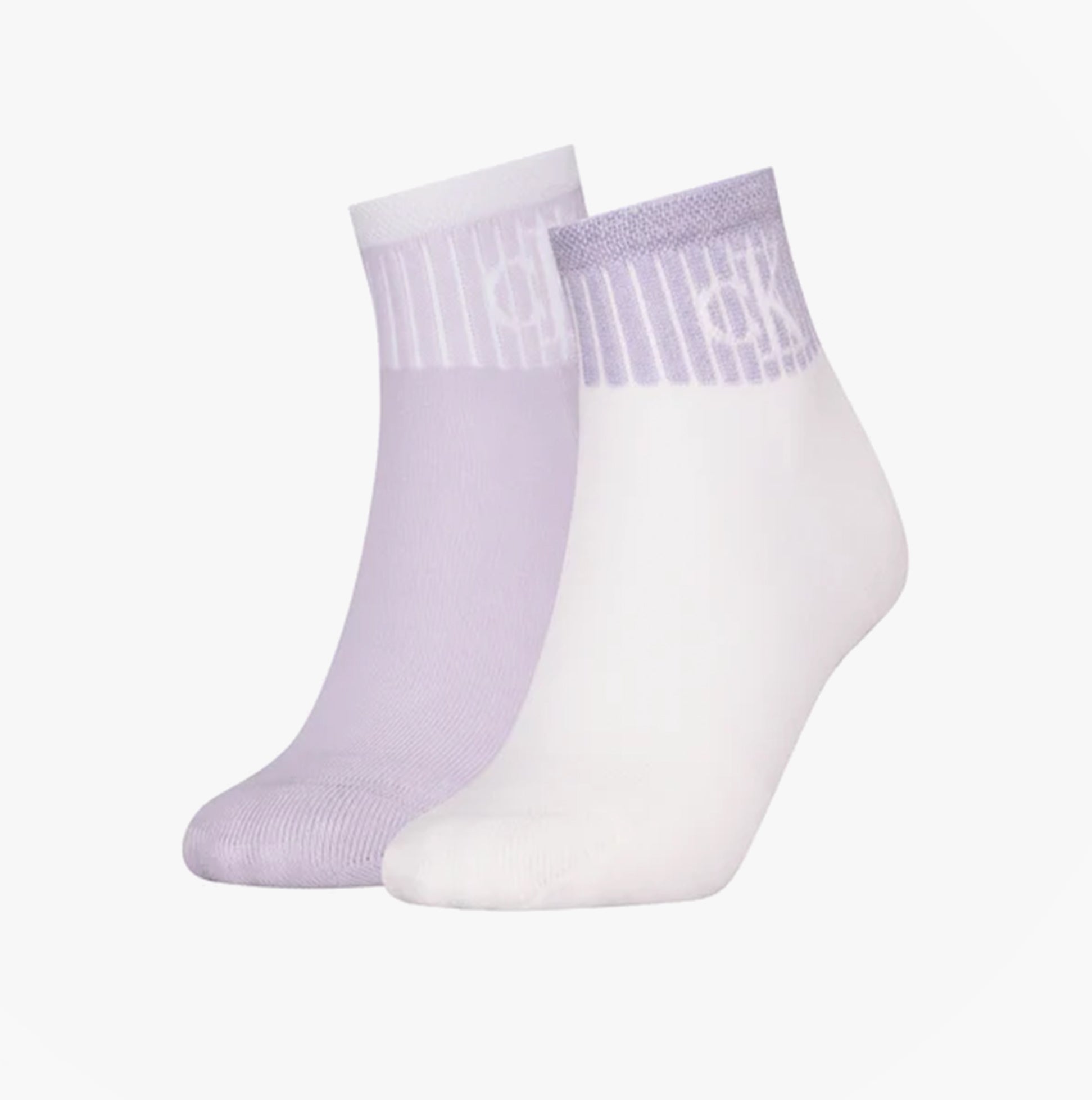 Calvin Klein 2 Pack Trainer Womens Ankle Socks Lilac/White side view showcasing stylish colors and design.