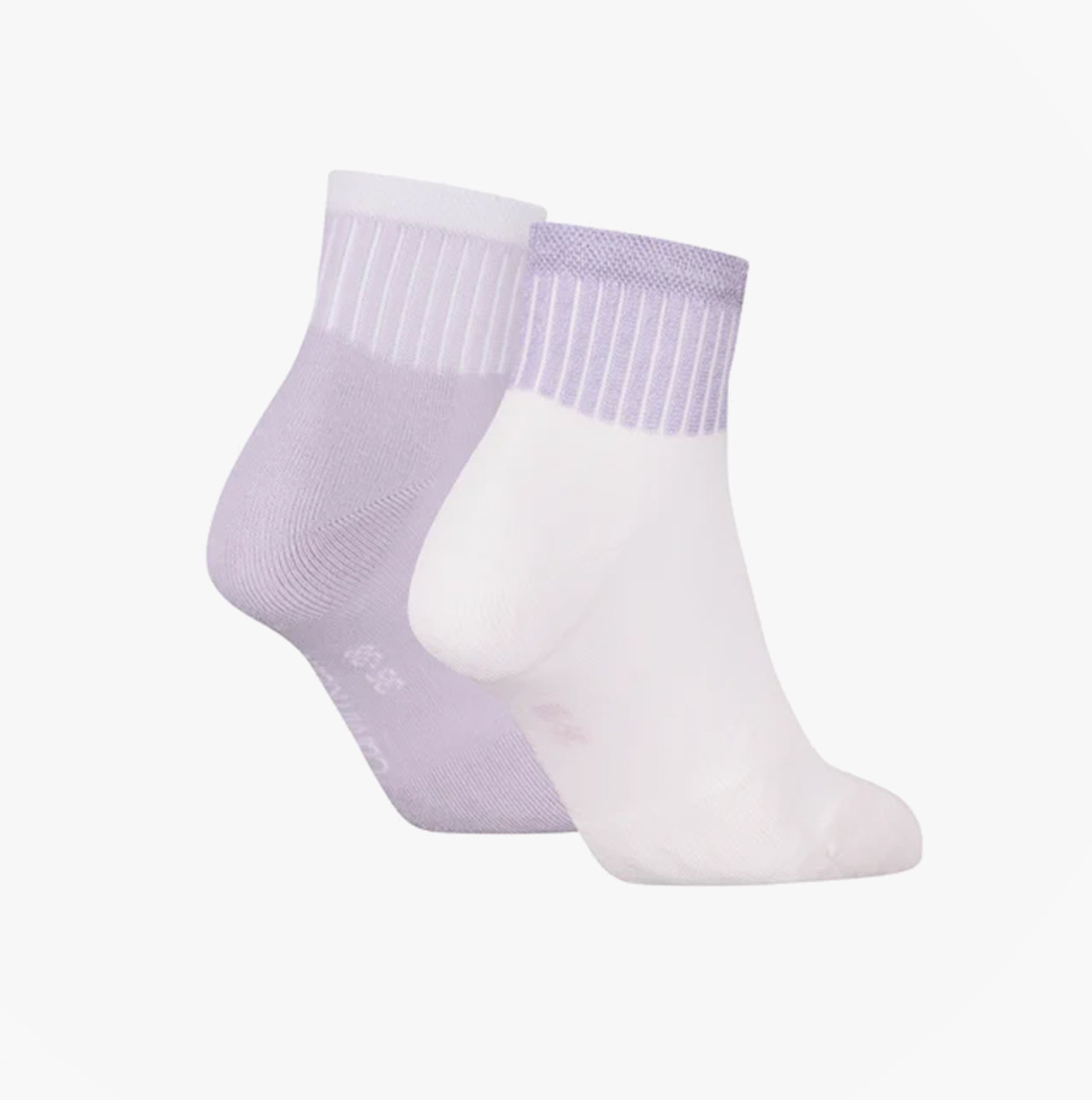 Calvin Klein 2 Pack Trainer Womens Ankle Socks Lilac/White side view showcasing ankle socks in lilac and white colors.