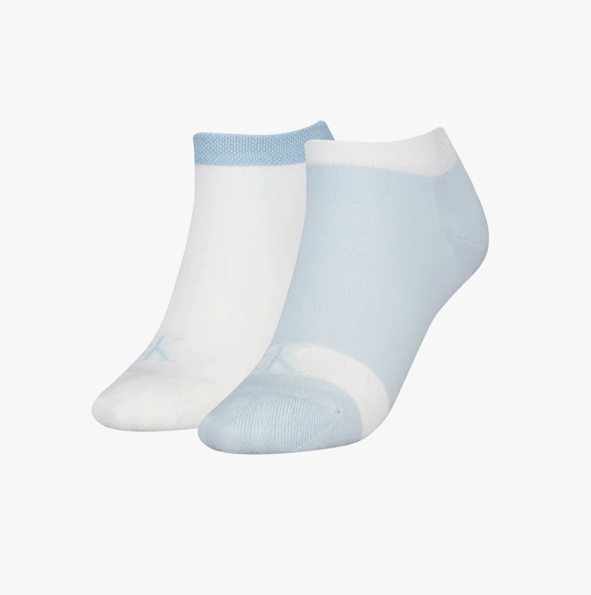Calvin Klein 2 Pack Trainer Womens Ankle Socks Blue/White side view showcasing two pairs of socks.