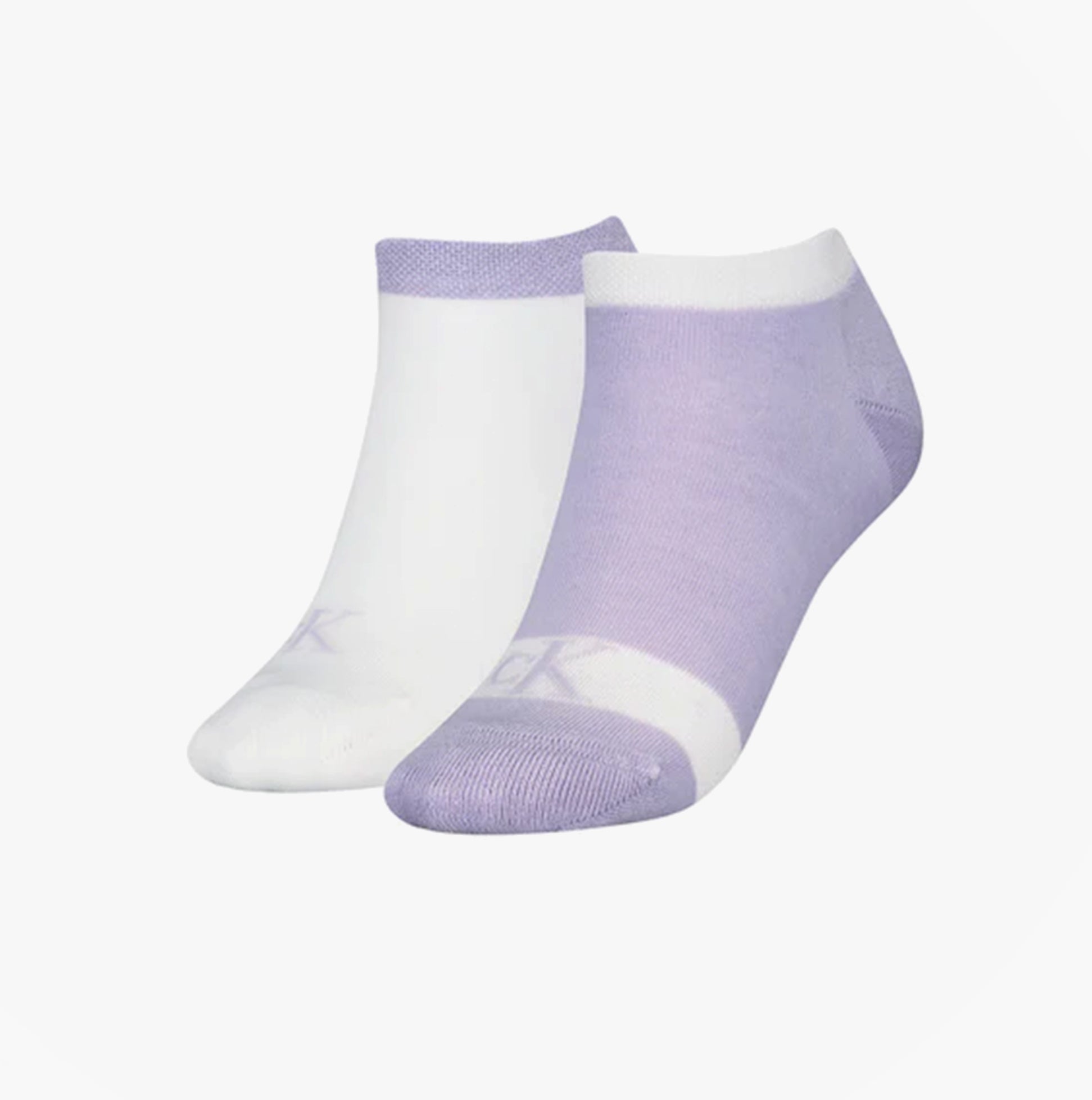 Calvin Klein 2 Pack Trainer Womens Ankle Socks Lilac/White side view showcasing one lilac and one white sock.