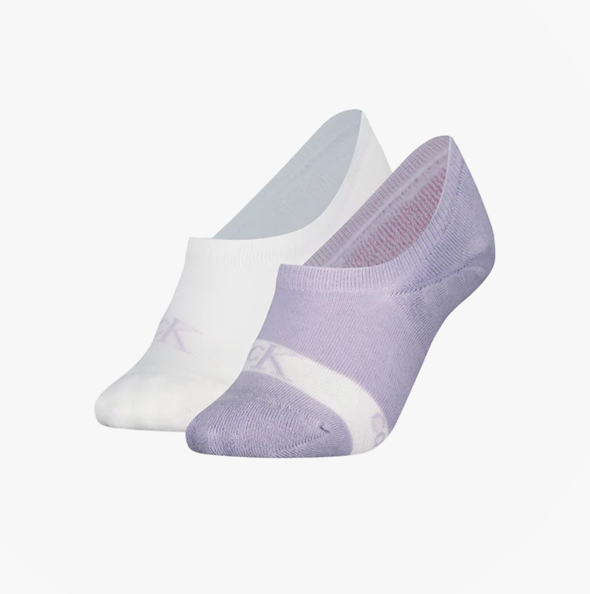 Calvin Klein 2 Pack Womens Invisible Socks Lilac/White side view showcasing the lilac and white pairs against a white background.