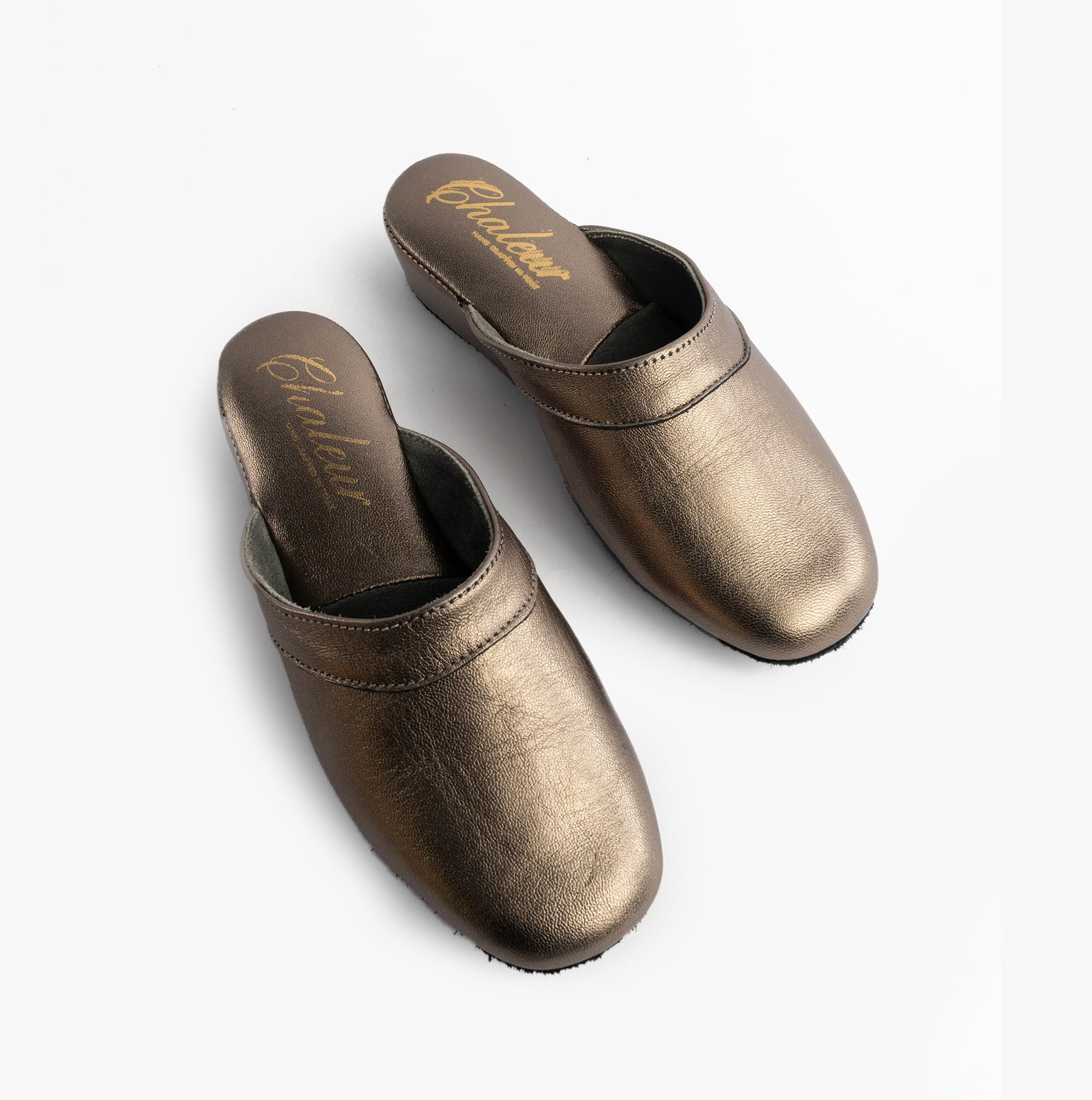 Chaleur FLORENCE Womens Mules Slippers Gold top view showing stylish leather upper and round toe design.